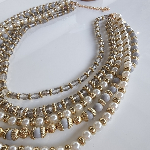 NEW Gray Gold Pearl Beaded Multi Layered Statement Necklace - Picture 4 of 8